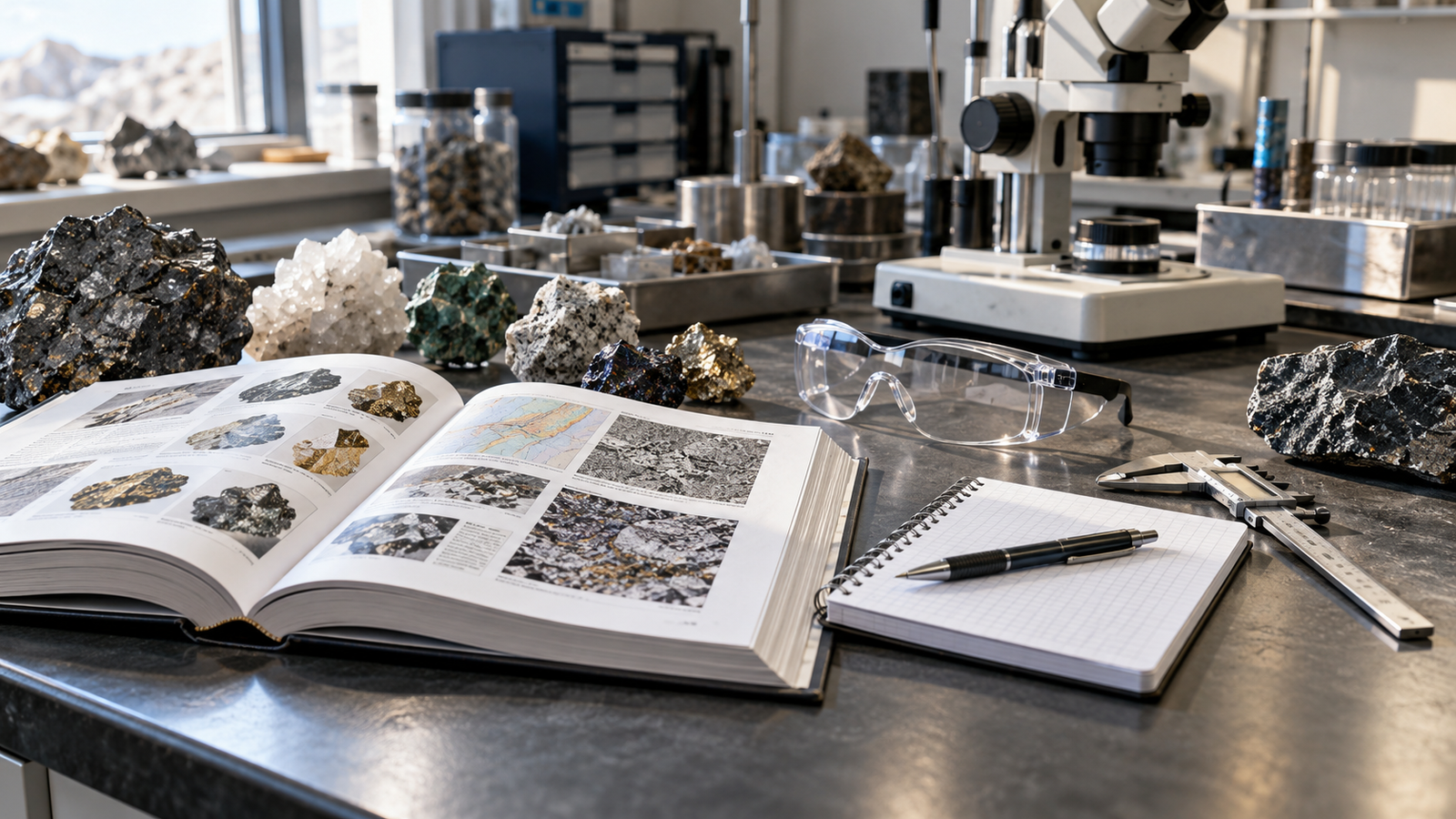Technical learning materials and mineral specimens on a laboratory workbench