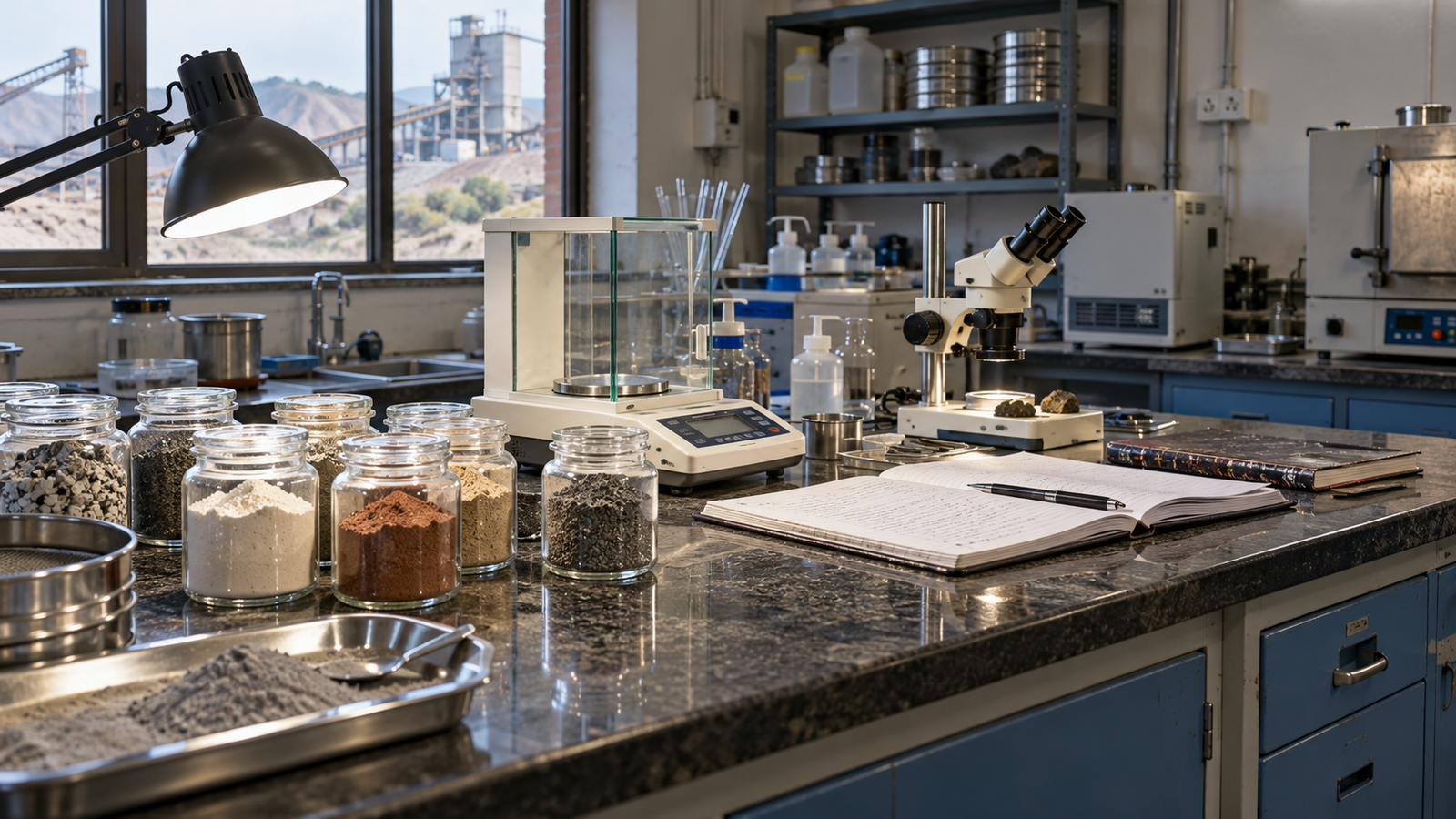 Mineral samples and testing equipment in a quality laboratory