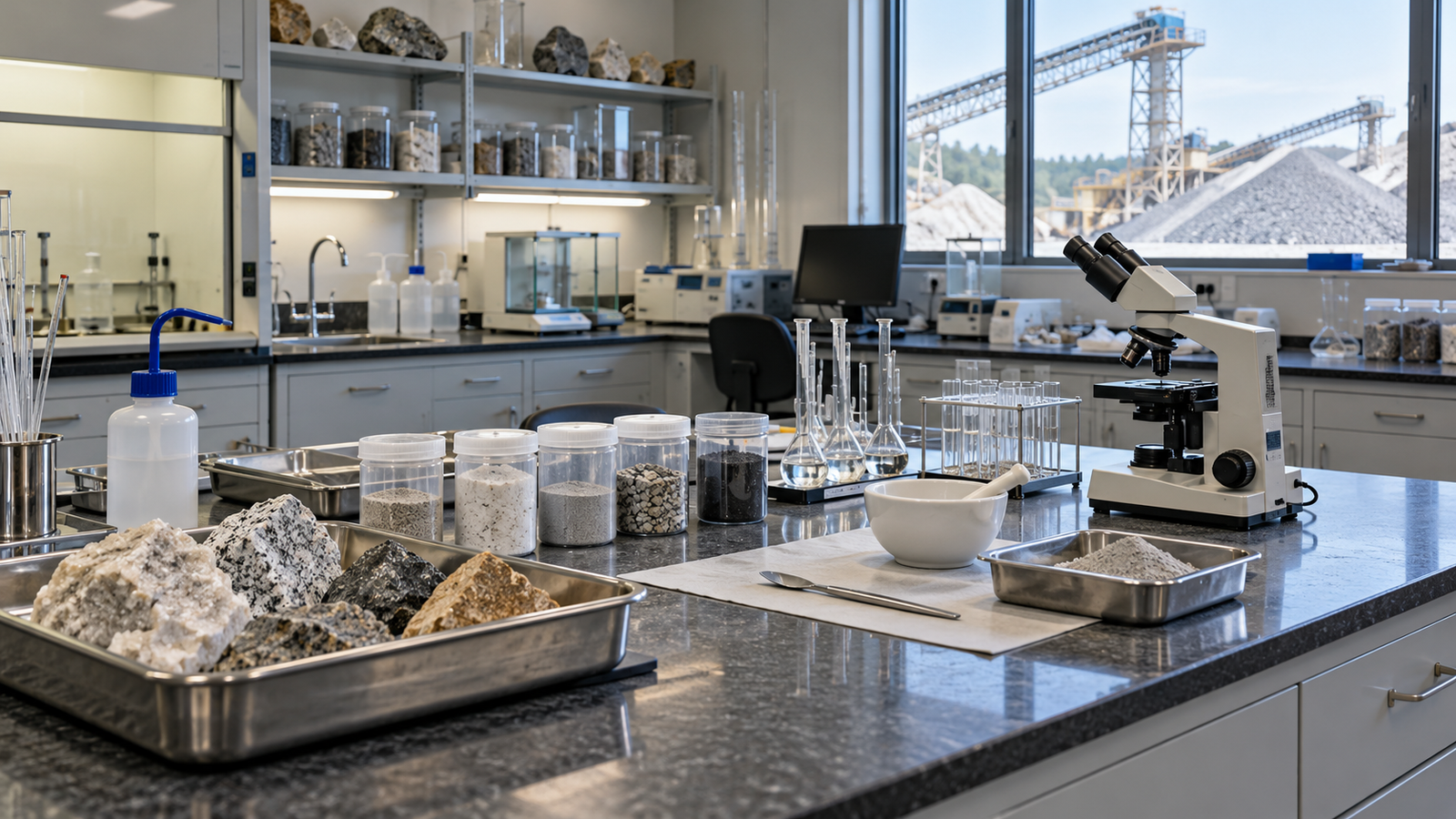 Mineral samples and equipment in a quality laboratory