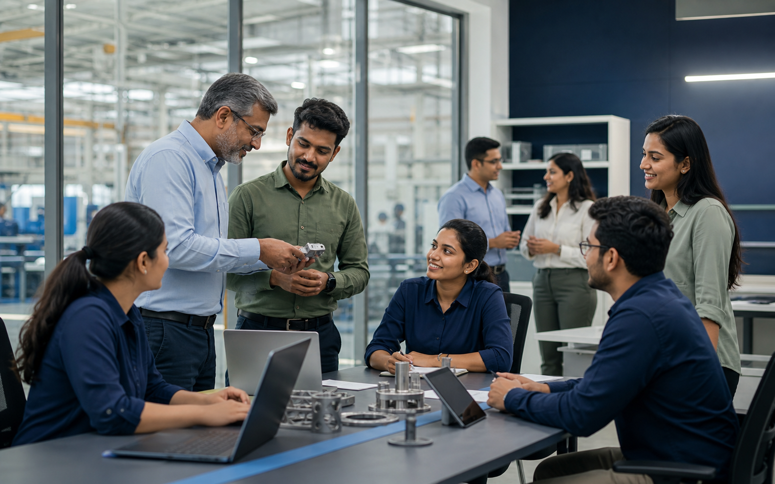 Cross-functional employees learning and collaborating at 20 Microns