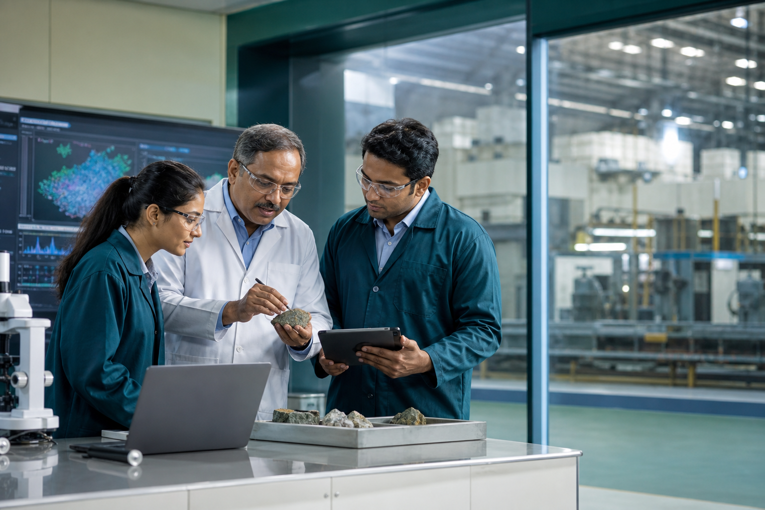 A senior scientist mentoring colleagues in an advanced materials laboratory