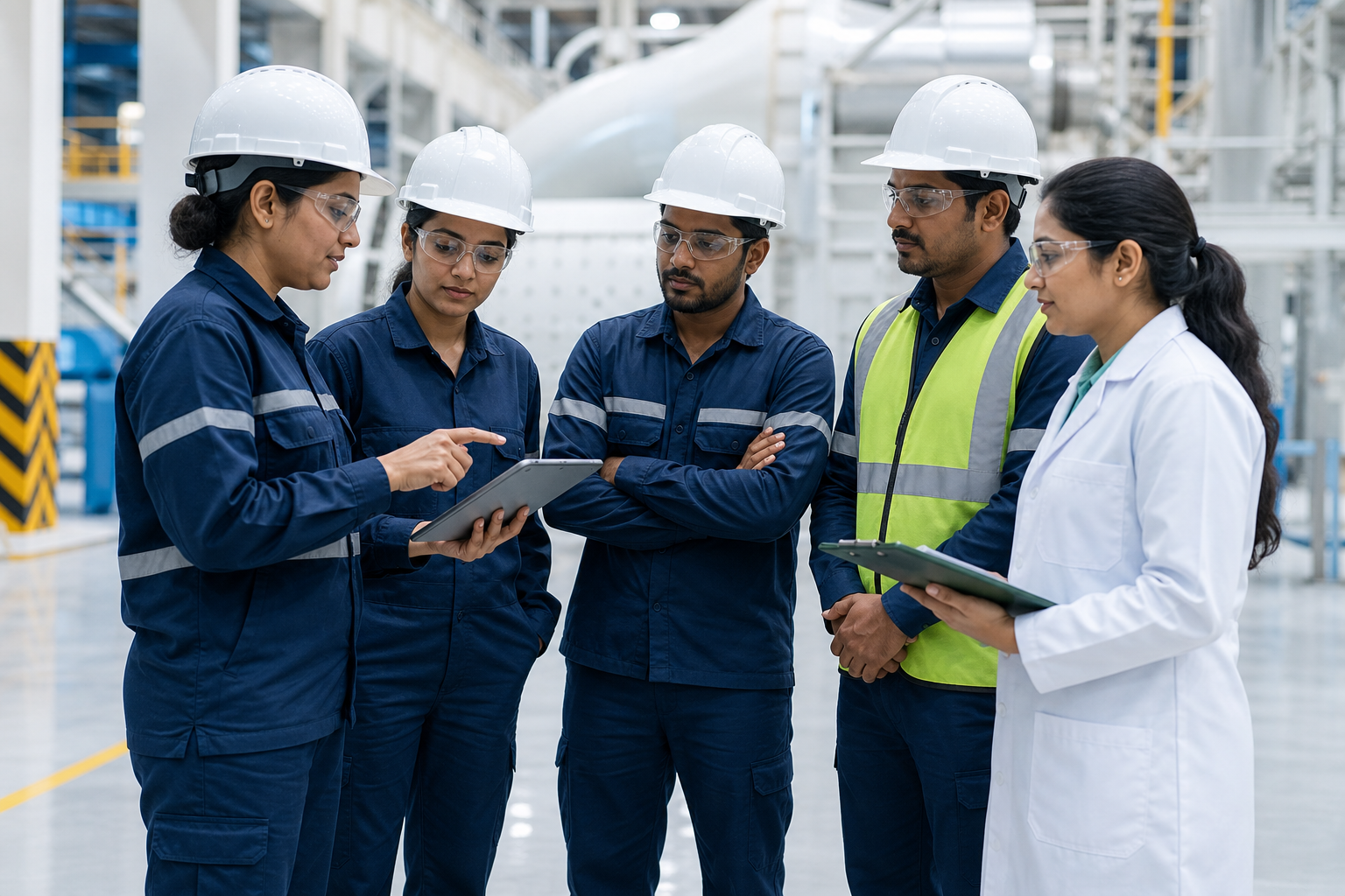 Employees participating in a safety and wellbeing briefing at an advanced manufacturing facility