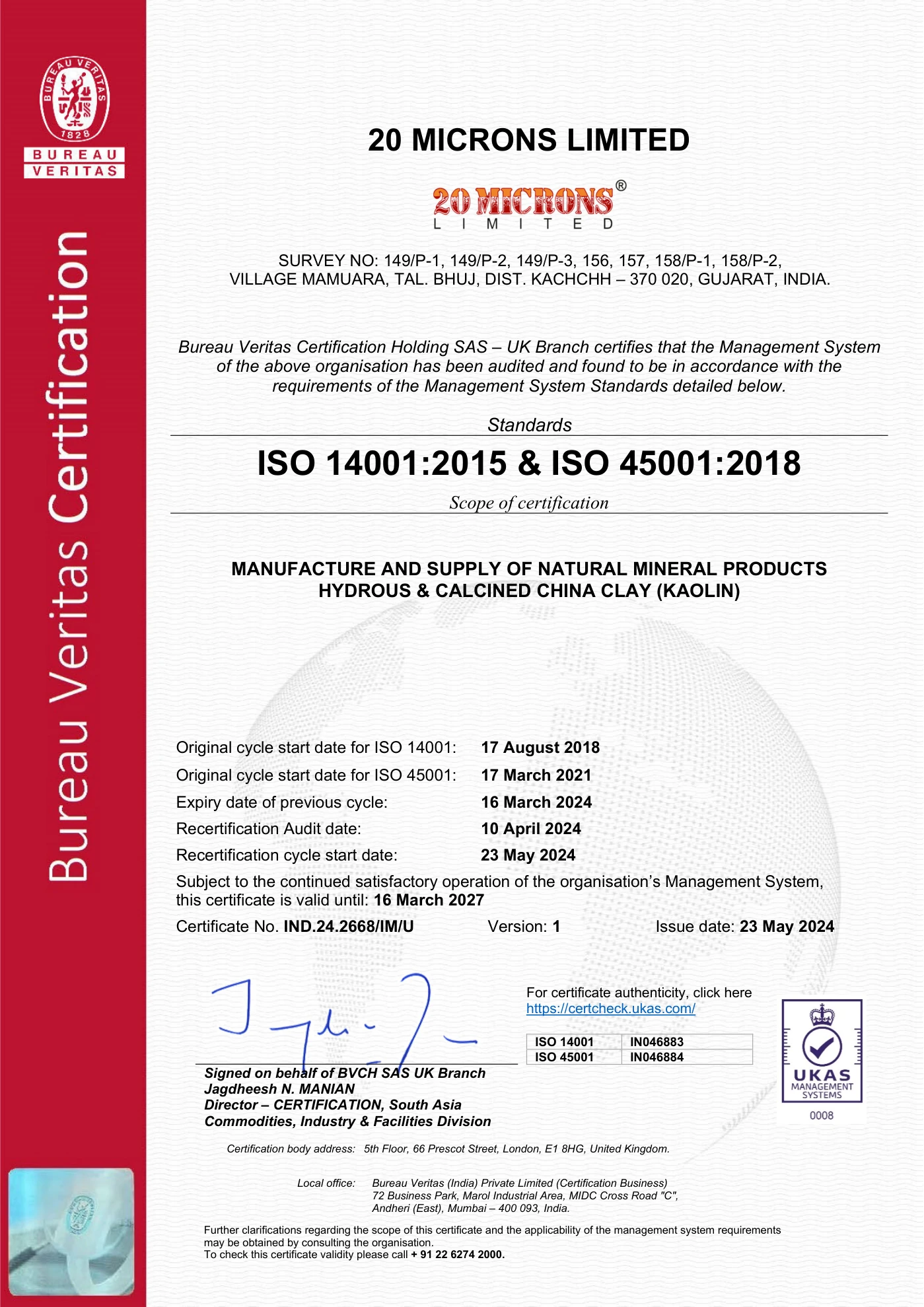 ISO 14001:2015 & ISO 45001:2018 - Bhuj Facility