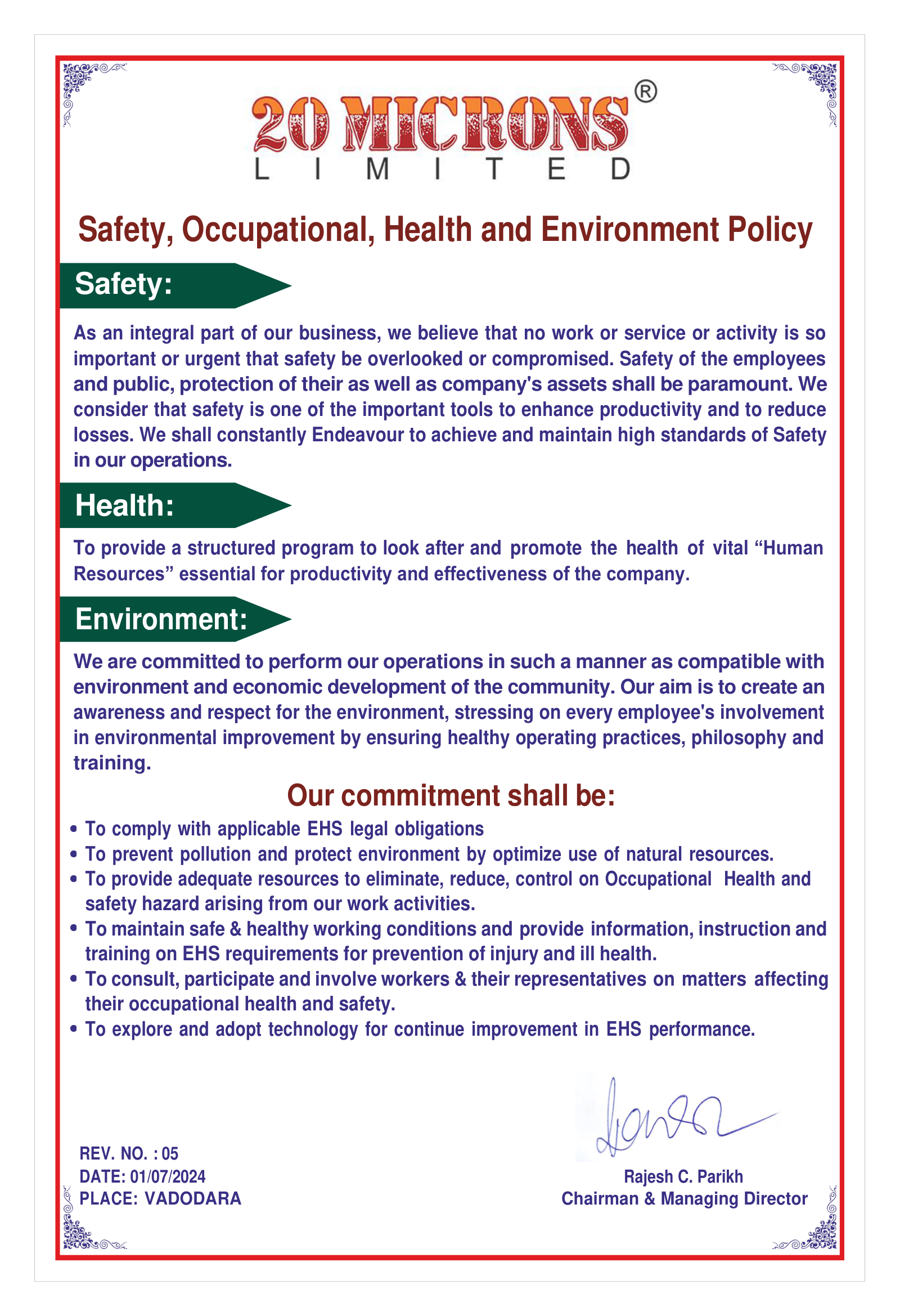 Environment Health & Safety Policy